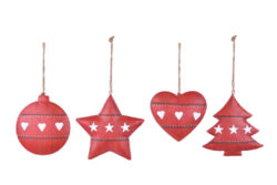 Závěs srdce/stromek/hvězda/koule, kov, červená, 12x12x2cm, 4T - Vánoční dekorace na stromek.