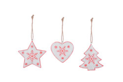 Závěs srdce/srdce/hvězda s vločkou, kov, bílá/červená, 9,5x9,5x1,5cm, 3T - Krásná vánoční dekorace.