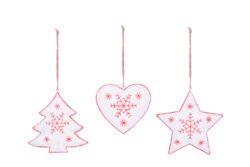 Závěs srdce/srdce/hvězda s vločkou, kov, bílá/červená, 12x12x1,5cm, 3T - Krásná vánoční dekorace.