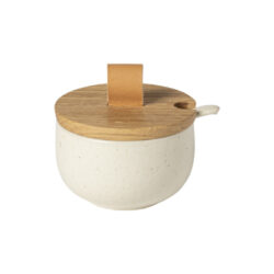 Sugar bowl 9 w/ oak wood lid and spoon - Nádherná cukřenka z jemné kameniny