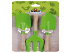 Dětský set hrabičky a dvě lopatky zelený - Set 3 ks kovového zahradního nářadí s dřevěnou rukojetí