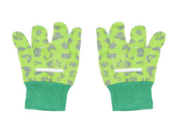 Dětské zahradní rukavice - Textilní zahradní rukavice. Vhodné pro děti. S protiskluzovou úpravou na dlaních a bavlněným elastickým zápěstím. V jarní zelené barvě s tmavě zelenými motivy přírody. Rozměr v cm (ŠxHxV): 11x0,9x19,7. Obsah: neuvádí se. Materiál: bavlna, polyester, viskóza, PVC.