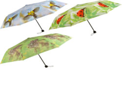 Deštník skládací, 3T - Set 2 ks polyesterových deštníků. SKLÁDACÍ. S kovovou rukojetí opatřenou plastovým úchopem. Ve 2 různých typech zpracování barev a potisku. Barevný potisk s motivem letící sýkorky, berušky na poupěti a zajíce v trávě. Rukojeť je opatřena poutkem pro snadné zavěšení. Rozměr v cm (ŠxHxV): 100x100x55,7. Obsah: neuvádí se. Materiál: 190t polyester, kov, PP.