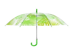 Deštník průhledný s listy Jungle - Plastový deštník z odolného materiálu. S kovovou rukojetí opatřenou plastovým úchopem. Deštník je vyroben z odolného průhledného materiálu opatřeného barevným potiskem exotického listí. Rozměr v cm (ŠxHxV): 100x100x81,5. Obsah: neuvádí se. Materiál: POE, kov, PP.