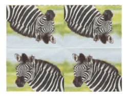 Ubrousky Zebra - Balení 20-ti ks papírových ubrousků. V hedvábném zpracování s barevným potiskem hlavy zebry. 3-vrstvé. Rozměr v cm (ŠxHxV): 16,5x16,5x2,3. Obsah: neuvádí se. Materiál: hedvábný papír (3 vrstvy).